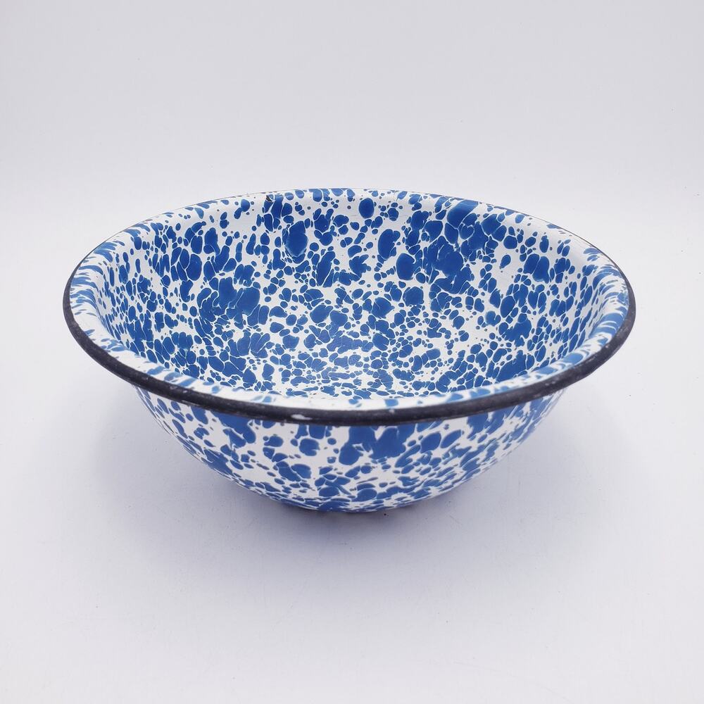 Retro Blue Swirl Speckled Enamelware Bowl: Mid Century Camping Mixing Bowl 8.5"